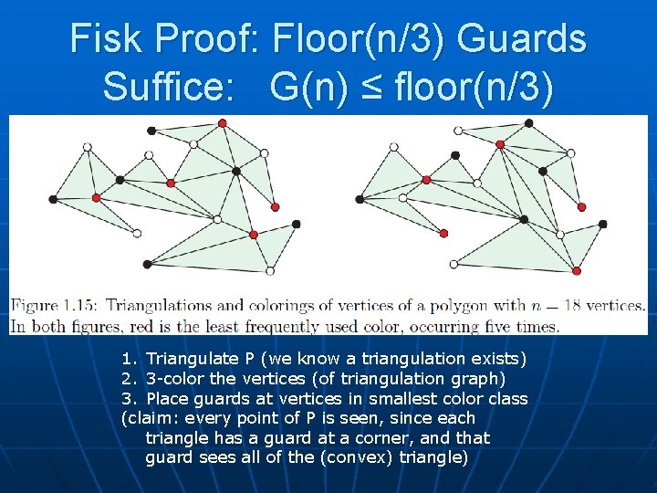 Fisk Proof: Floor(n/3) Guards Suffice: G(n) ≤ floor(n/3) 1. Triangulate P (we know a