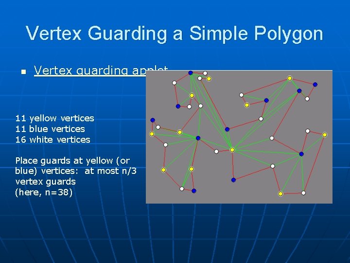 Vertex Guarding a Simple Polygon n Vertex guarding applet 11 yellow vertices 11 blue