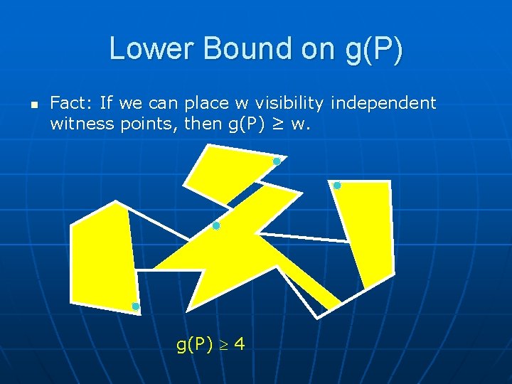 Lower Bound on g(P) n Fact: If we can place w visibility independent witness