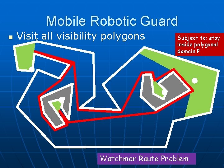 Mobile Robotic Guard n Visit all visibility polygons Subject to: stay inside polygonal domain