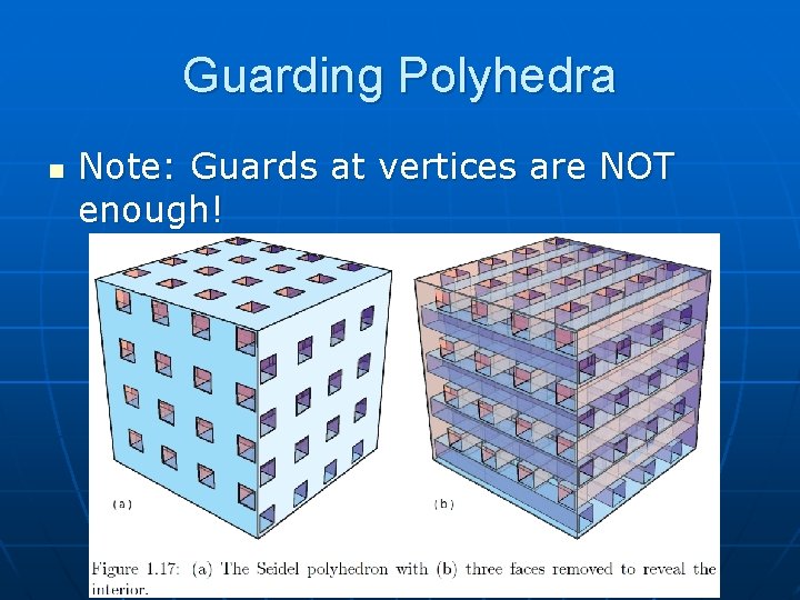 Guarding Polyhedra n Note: Guards at vertices are NOT enough! 