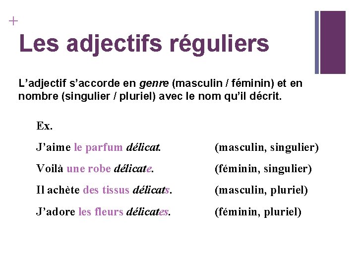 + Les adjectifs réguliers L’adjectif s’accorde en genre (masculin / féminin) et en nombre