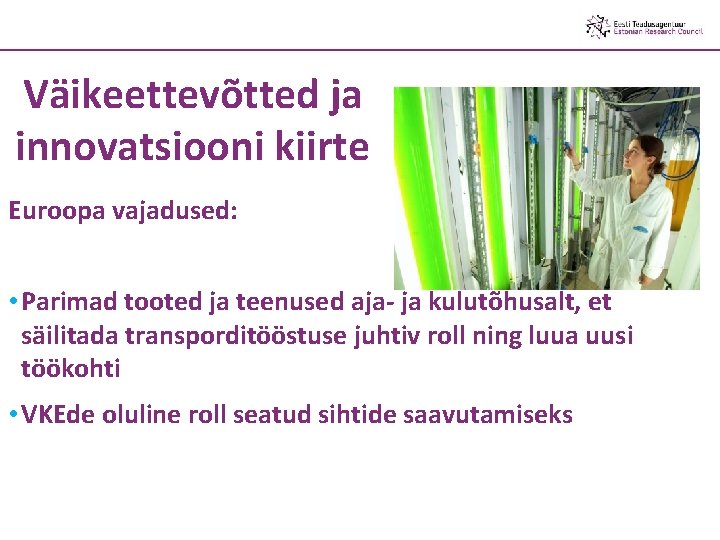 Väikeettevõtted ja innovatsiooni kiirte Euroopa vajadused: • Parimad tooted ja teenused aja- ja kulutõhusalt,