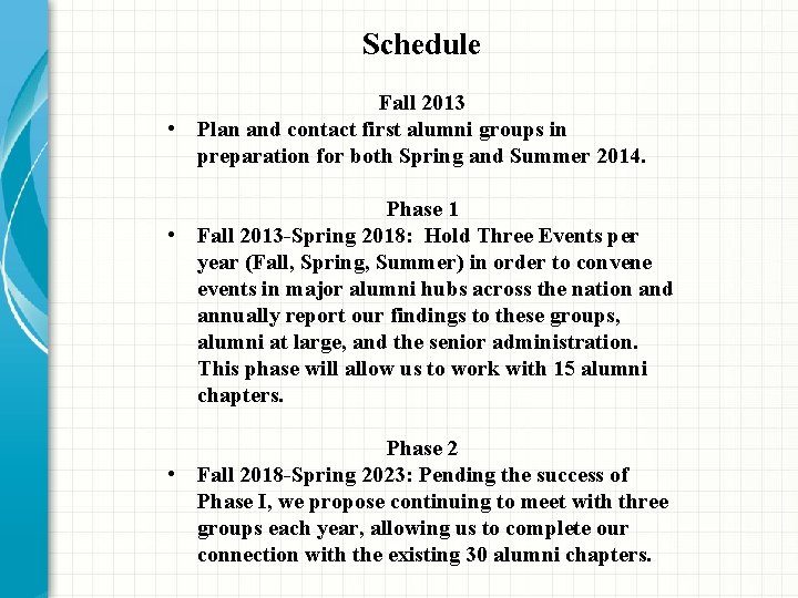 Schedule Fall 2013 • Plan and contact first alumni groups in preparation for both Schedule Fall 2013 • Plan and contact first alumni groups in preparation for both