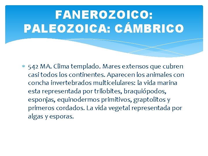 FANEROZOICO: PALEOZOICA: CÁMBRICO 542 MA. Clima templado. Mares extensos que cubren casi todos los