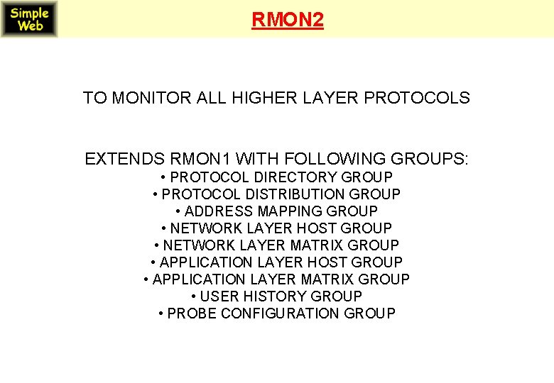 RMON 2 TO MONITOR ALL HIGHER LAYER PROTOCOLS EXTENDS RMON 1 WITH FOLLOWING GROUPS: