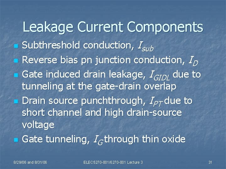 Leakage Current Components n n n Subthreshold conduction, Isub Reverse bias pn junction conduction,