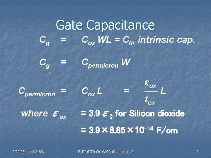 Gate Capacitance Cg = Cox WL = C 0, intrinsic cap. Cg = Cpermicron