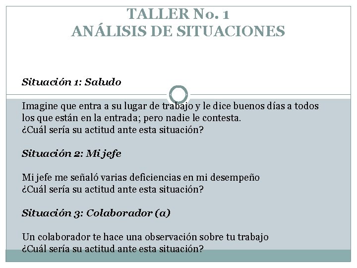 TALLER No. 1 ANÁLISIS DE SITUACIONES Situación 1: Saludo Imagine que entra a su