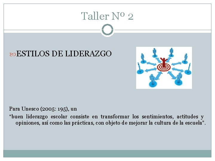 Taller Nº 2 ESTILOS DE LIDERAZGO Para Unesco (2005: 195), un “buen liderazgo escolar