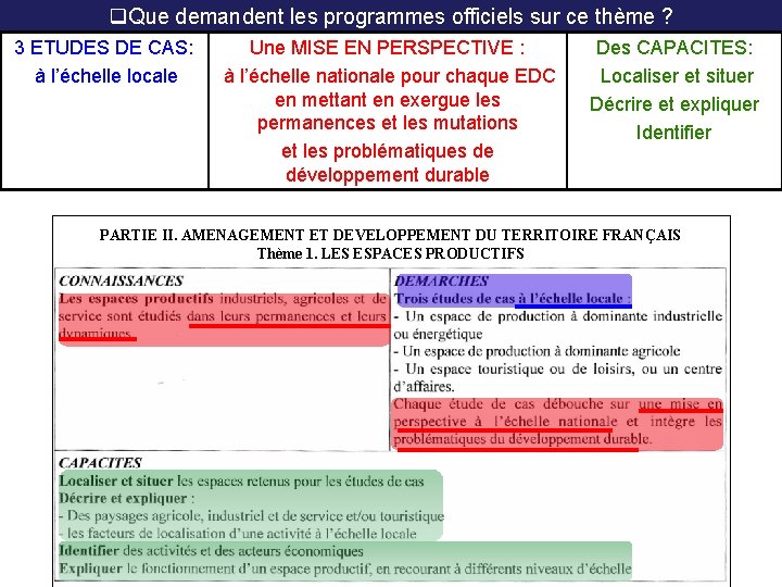 q. Que demandent les programmes officiels sur ce thème ? 3 ETUDES DE CAS: