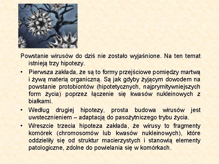 Powstanie wirusów do dziś nie zostało wyjaśnione. Na ten temat istnieją trzy hipotezy. •