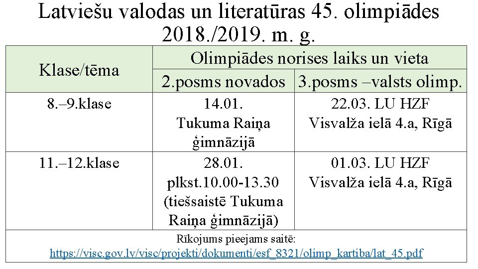 Latviešu valodas un literatūras 45. olimpiādes 2018. /2019. m. g. Klase/tēma 8. – 9. Latviešu valodas un literatūras 45. olimpiādes 2018. /2019. m. g. Klase/tēma 8. – 9.