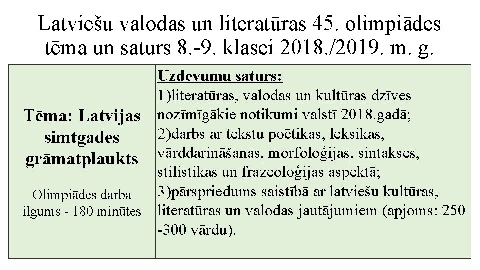 Latviešu valodas un literatūras 45. olimpiādes tēma un saturs 8. -9. klasei 2018. /2019. Latviešu valodas un literatūras 45. olimpiādes tēma un saturs 8. -9. klasei 2018. /2019.