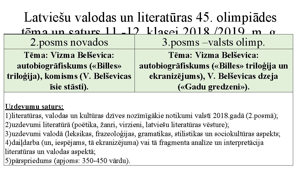 Latviešu valodas un literatūras 45. olimpiādes tēma un saturs 11. -12. klasei 2018. /2019. Latviešu valodas un literatūras 45. olimpiādes tēma un saturs 11. -12. klasei 2018. /2019.