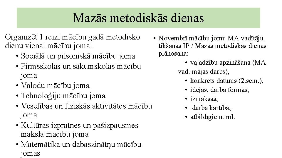 Mazās metodiskās dienas Organizēt 1 reizi mācību gadā metodisko • Novembrī mācību jomu MA Mazās metodiskās dienas Organizēt 1 reizi mācību gadā metodisko • Novembrī mācību jomu MA
