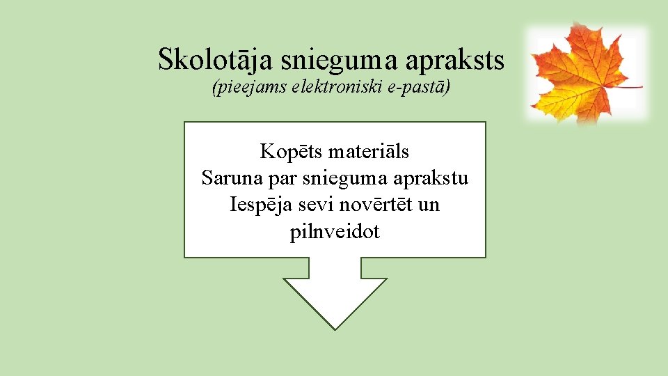 Skolotāja snieguma apraksts (pieejams elektroniski e-pastā) Kopēts materiāls Saruna par snieguma aprakstu Iespēja sevi Skolotāja snieguma apraksts (pieejams elektroniski e-pastā) Kopēts materiāls Saruna par snieguma aprakstu Iespēja sevi