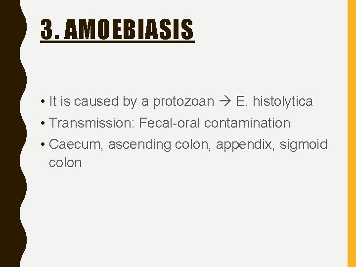 3. AMOEBIASIS • It is caused by a protozoan E. histolytica • Transmission: Fecal-oral