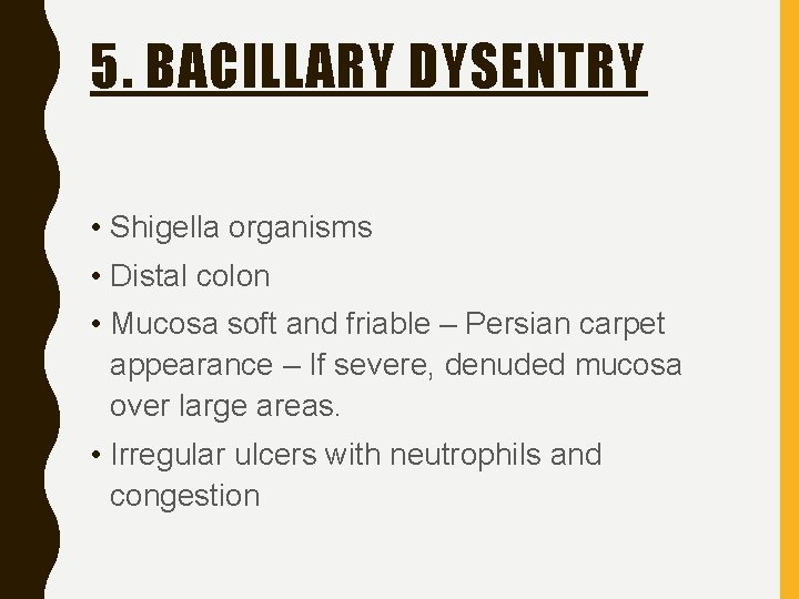 5. BACILLARY DYSENTRY • Shigella organisms • Distal colon • Mucosa soft and friable