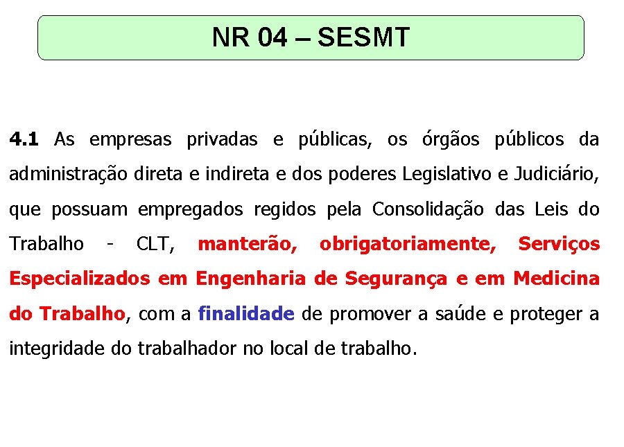 NR 04 – SESMT 4. 1 As empresas privadas e públicas, os órgãos públicos