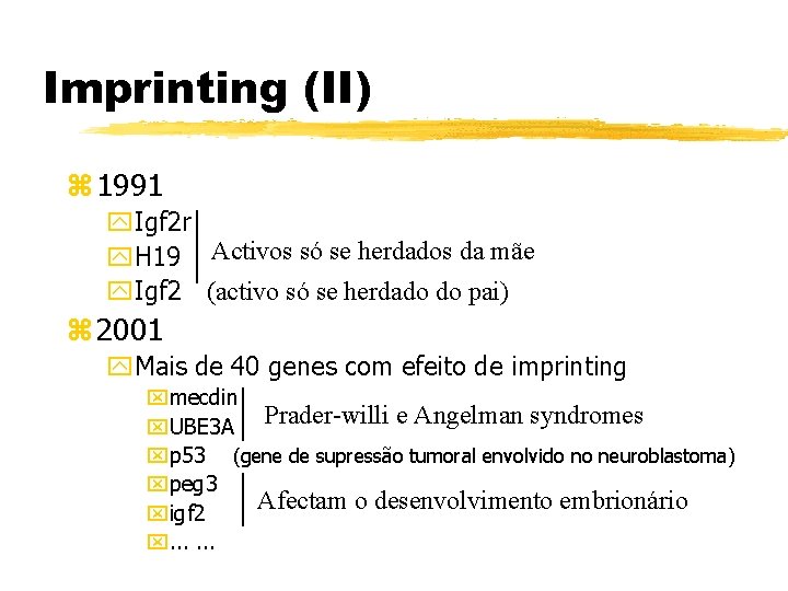 Imprinting (II) z 1991 y. Igf 2 r y. H 19 Activos só se