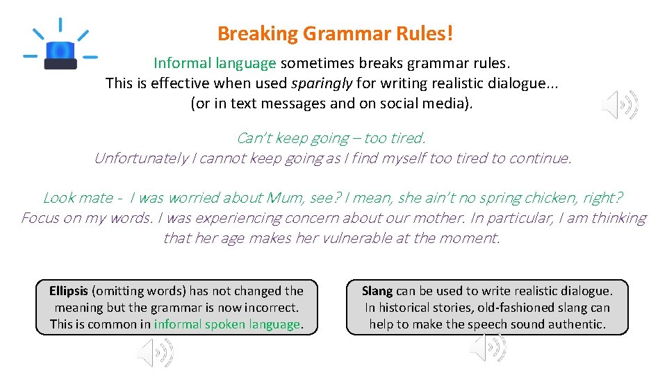 Breaking Grammar Rules! Informal language sometimes breaks grammar rules. This is effective when used