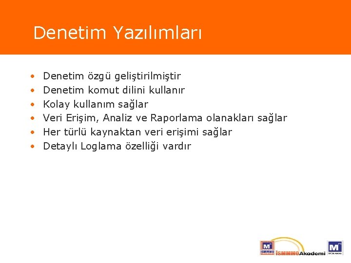 Denetim Yazılımları • • • Denetim özgü geliştirilmiştir Denetim komut dilini kullanır Kolay kullanım