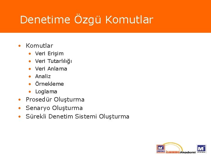 Denetime Özgü Komutlar • • Veri Erişim Veri Tutarlılığı Veri Anlama Analiz Örnekleme Loglama