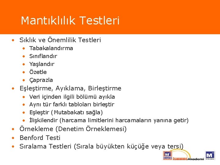 Mantıklılık Testleri • Sıklık ve Önemlilik Testleri • • • Tabakalandırma Sınıflandır Yaşlandır Özetle