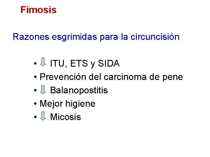 Fimosis Razones esgrimidas para la circuncisión • ITU, ETS y SIDA • Prevención del