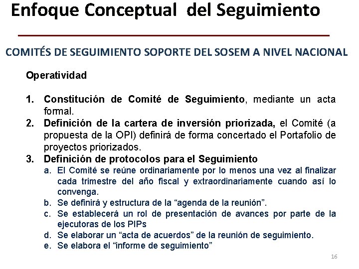 Enfoque Conceptual del Seguimiento COMITÉS DE SEGUIMIENTO SOPORTE DEL SOSEM A NIVEL NACIONAL Operatividad