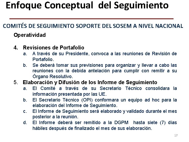 Enfoque Conceptual del Seguimiento COMITÉS DE SEGUIMIENTO SOPORTE DEL SOSEM A NIVEL NACIONAL Operatividad