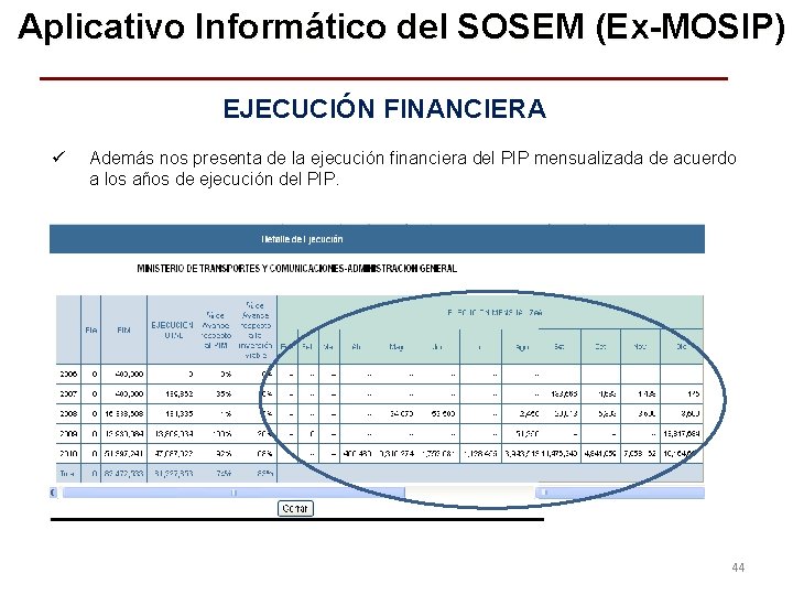 Aplicativo Informático del SOSEM (Ex-MOSIP) EJECUCIÓN FINANCIERA ü Además nos presenta de la ejecución