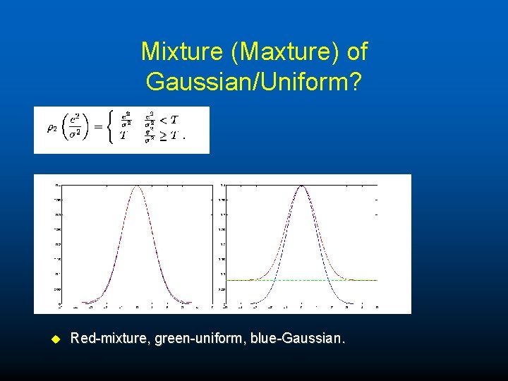 Mixture (Maxture) of Gaussian/Uniform? u Red-mixture, green-uniform, blue-Gaussian. 