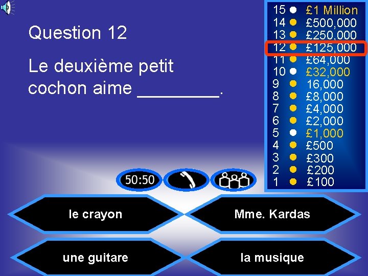 Question 12 Le deuxième petit cochon aime ____. 15 14 13 12 11 10