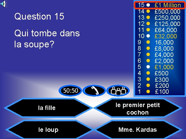 Question 15 Qui tombe dans la soupe? 15 14 13 12 11 10 9