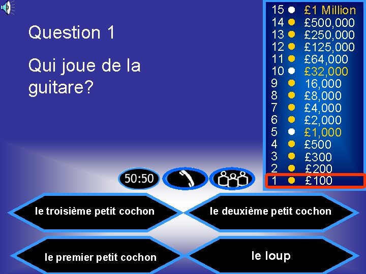 Question 1 Qui joue de la guitare? le troisième petit cochon le premier petit