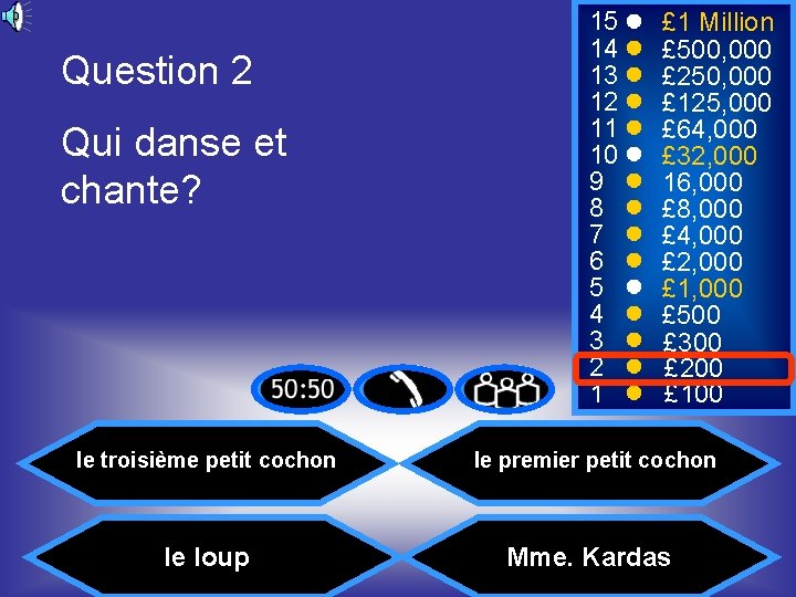 Question 2 Qui danse et chante? 15 14 13 12 11 10 9 8