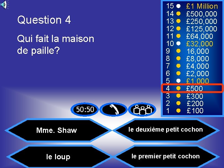 Question 4 Qui fait la maison de paille? 15 14 13 12 11 10