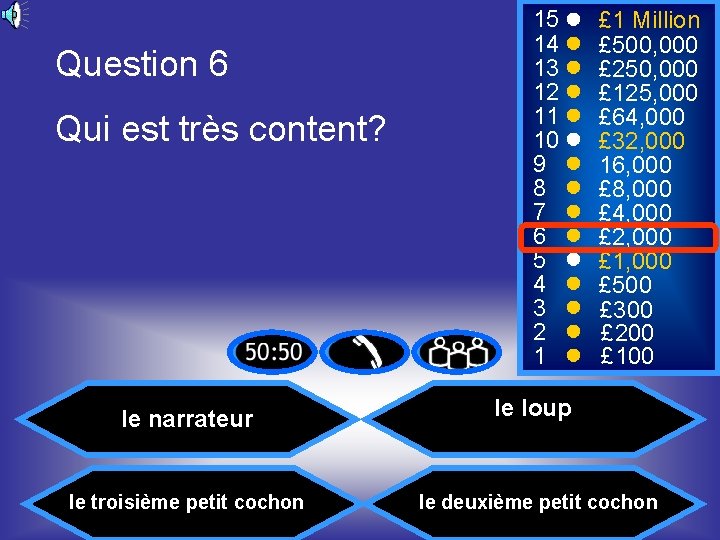 Question 6 Qui est très content? le narrateur le troisième petit cochon 15 14