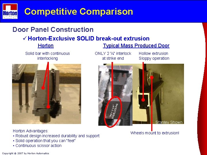 Competitive Comparison Door Panel Construction ü Horton-Exclusive SOLID break-out extrusion Horton ONLY 2 ¼”