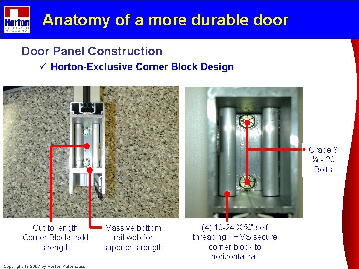 Anatomy of a more durable door Door Panel Construction ü Horton-Exclusive Corner Block Design