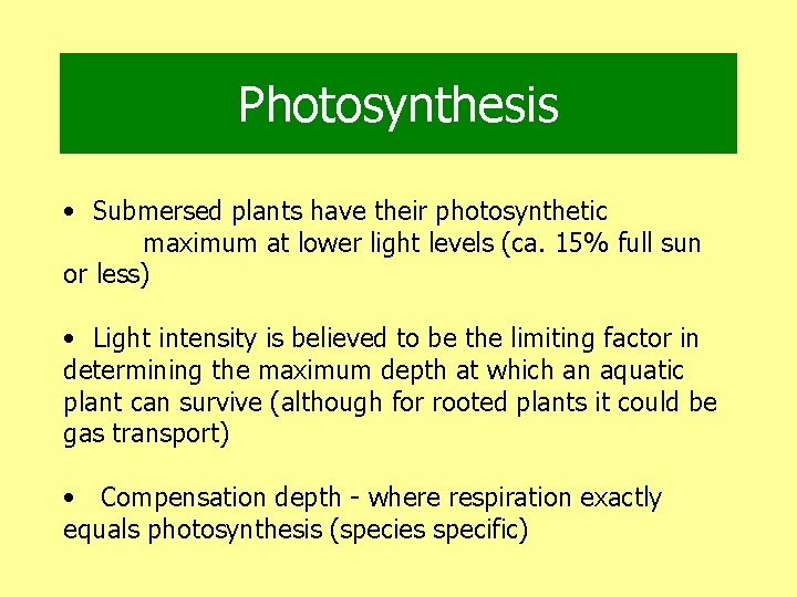 Photosynthesis • Submersed plants have their photosynthetic maximum at lower light levels (ca. 15%