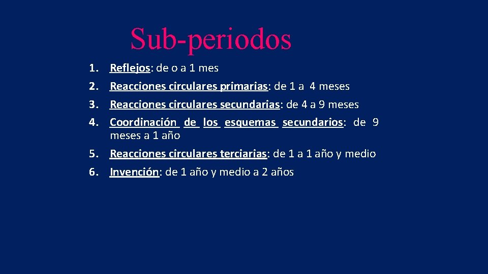 Sub-periodos 1. 2. 3. 4. Reflejos: de o a 1 mes Reacciones circulares primarias: