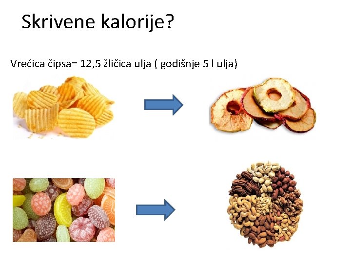 Skrivene kalorije? Vrećica čipsa= 12, 5 žličica ulja ( godišnje 5 l ulja) Skrivene kalorije? Vrećica čipsa= 12, 5 žličica ulja ( godišnje 5 l ulja)