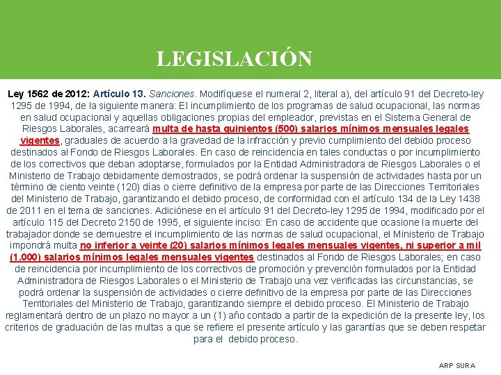 LEGISLACIÓN Ley 1562 de 2012: Artículo 13. Sanciones. Modifíquese el numeral 2, literal a),