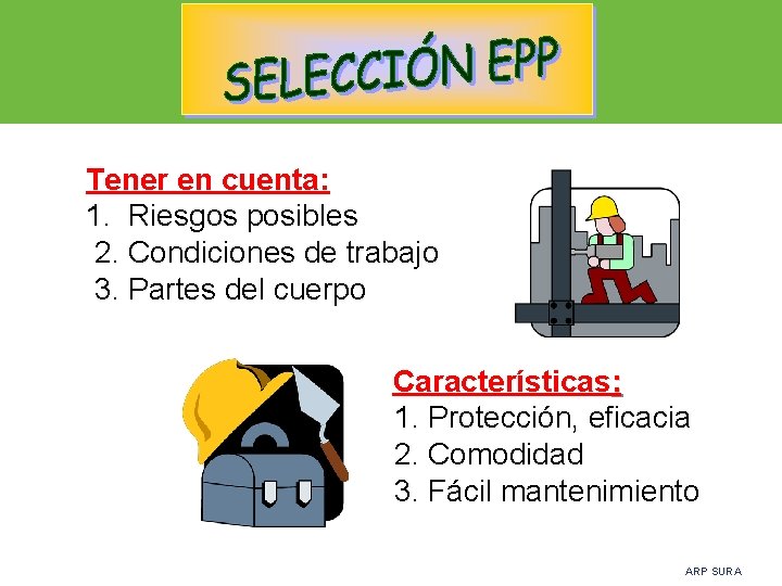 Tener en cuenta: 1. Riesgos posibles 2. Condiciones de trabajo 3. Partes del cuerpo