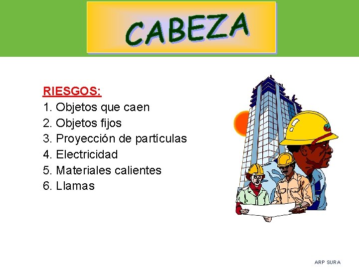 RIESGOS: 1. Objetos que caen 2. Objetos fijos 3. Proyección de partículas 4. Electricidad