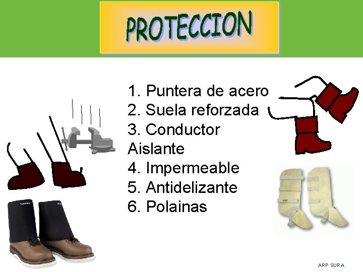 1. Puntera de acero 2. Suela reforzada 3. Conductor Aislante 4. Impermeable 5. Antidelizante