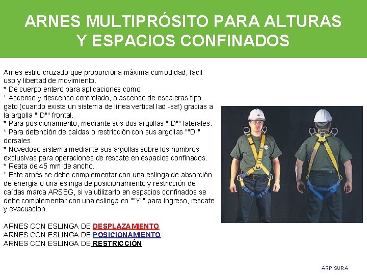 ARNES MULTIPRÓSITO PARA ALTURAS Y ESPACIOS CONFINADOS Arnés estilo cruzado que proporciona máxima comodidad,